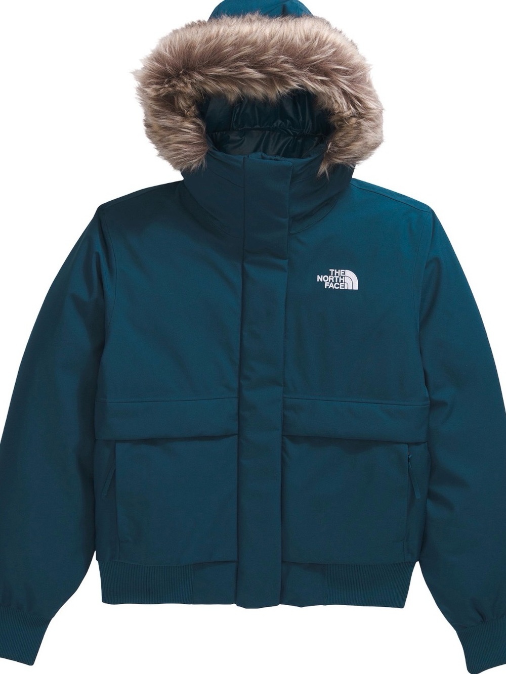 The North Face Women’s Teal Hooded Puffer Jacket with Faux Fur Trim